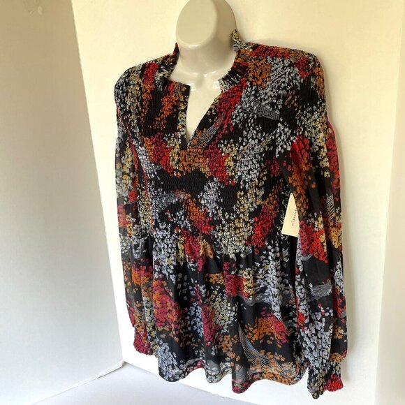 Anthropologie Floral Blouse Womens XS V-Neck Smocked Long Sleeve Relaxed Tunic - Picture 4 of 15